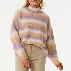 Rip Curl La Isla Wool Blend Knit Sweater Pastel Stripe Purple Cream Pink XS U2